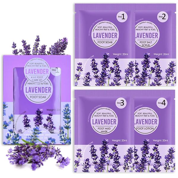 LAVENDER 4 in 1 Foot Care Set Food Soak, Scrub, Mud Mask, Lotion